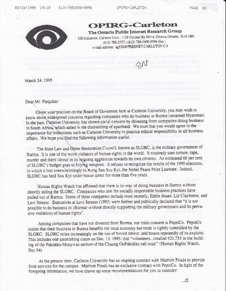 Letter from OPIRG-Carleton to the Board of Governers