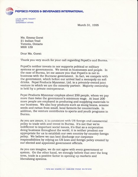 Letter from PepsiCo to OPIRG Toronto