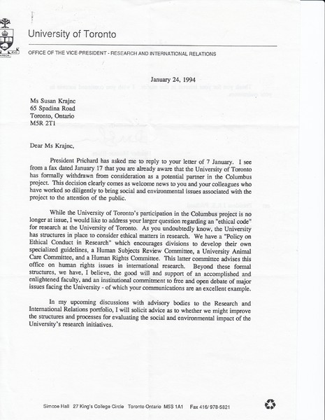 Letter from the Office of the Vice-President to OPIRG-Toronto