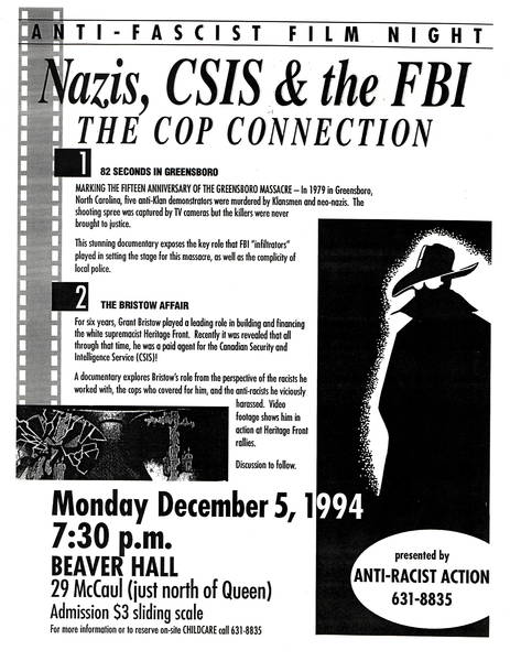 ANTI-FASCIST FILM NIGHT POSTER, Nazis, CSIS &amp; the FBI